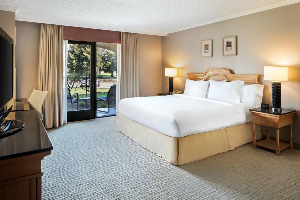 Une chambre d’hôtel avec un grand lit, deux lampes de chevet, un bureau avec une chaise et une télévision.