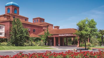 Double Tree Hilton features a distinctive red facade and a striking blue dome.