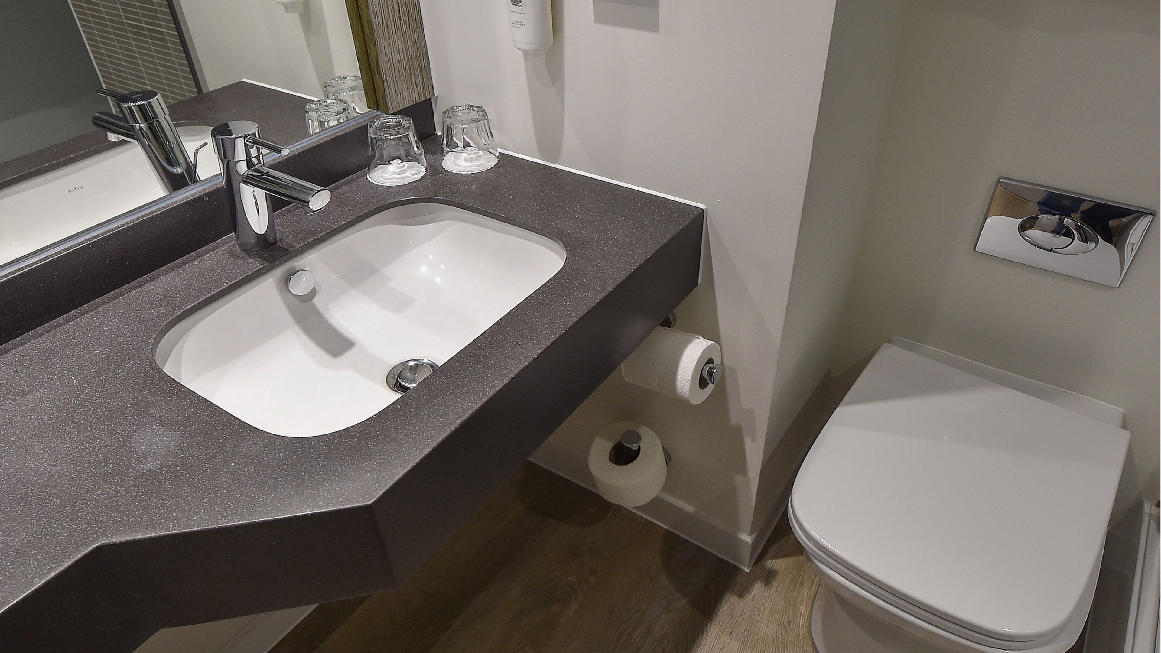 A bathroom with a double sink, toilet, and a mirror.