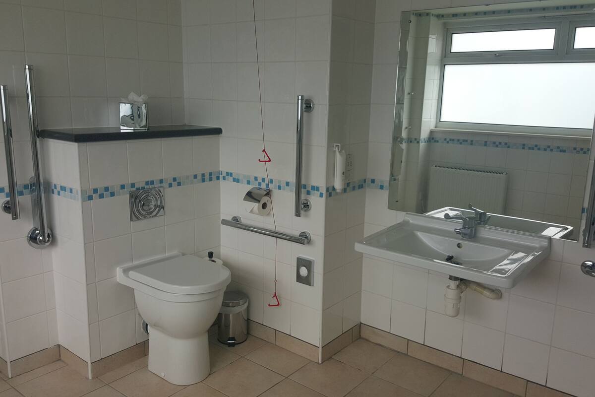 A bathroom with a toilet, sink, and mirror. There are grab bars and a hand dryer.