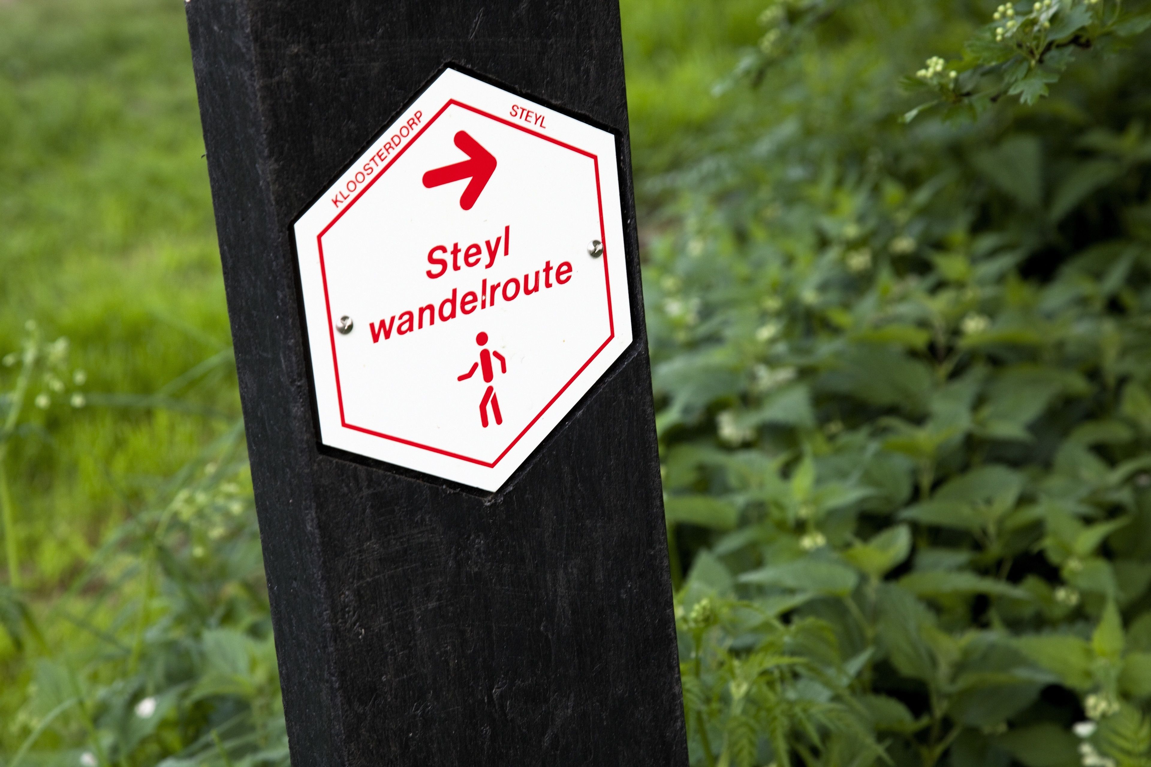 A sign with a red arrow and text indicating a walking route.