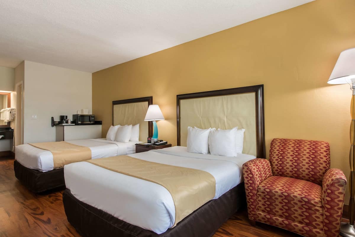 Standard Room, 2 Queen Beds, Non Smoking | In-room safe, desk, laptop workspace, blackout drapes