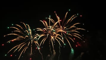 A night sky with fireworks.