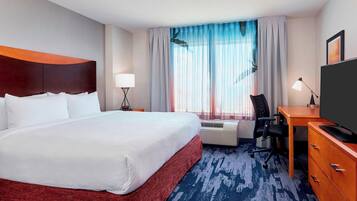 Premium bedding, down comforters, desk, blackout drapes