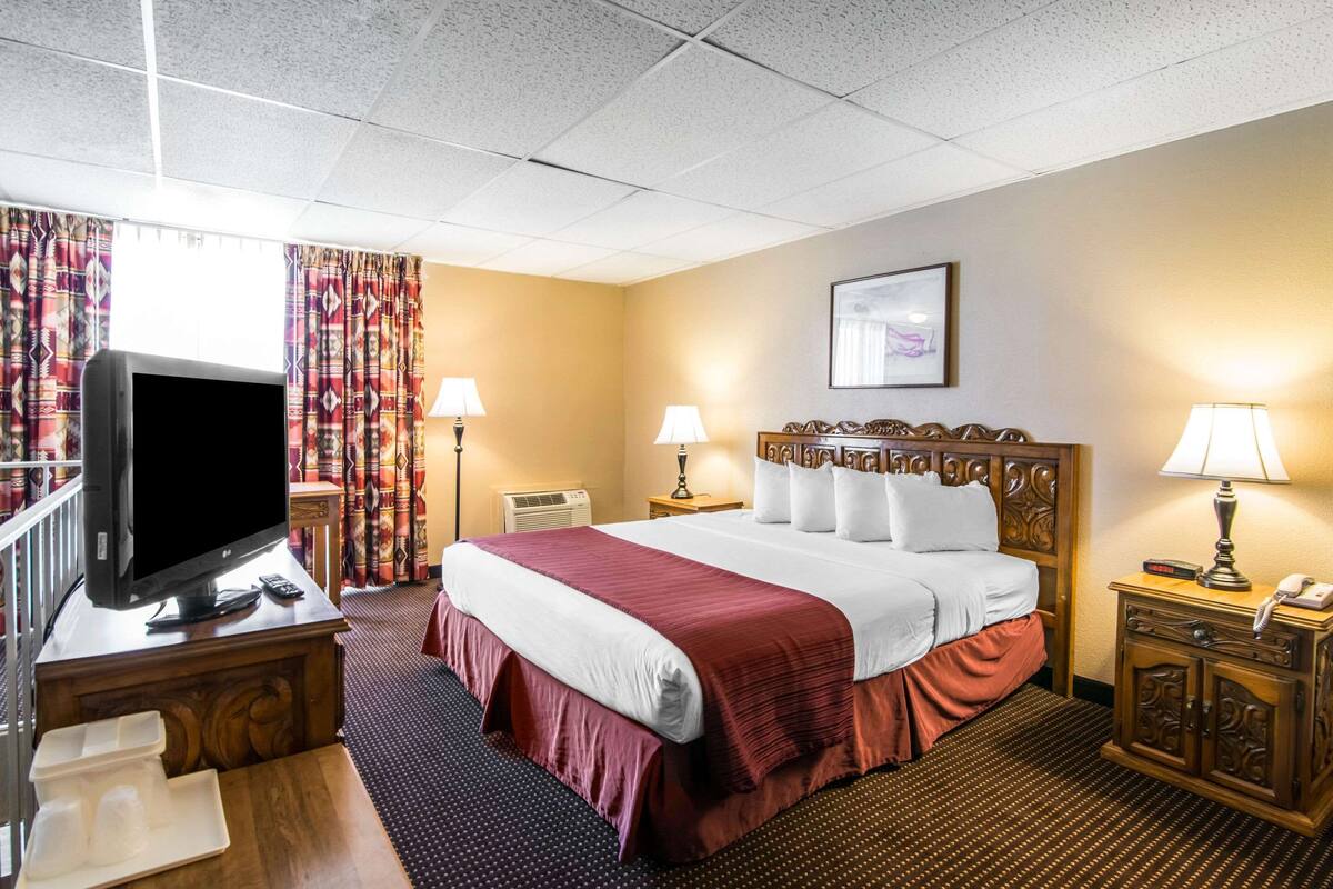 A hotel room with a large bed, a television, two bedside lamps, a framed picture on the wall, and a window with patterned curtains.