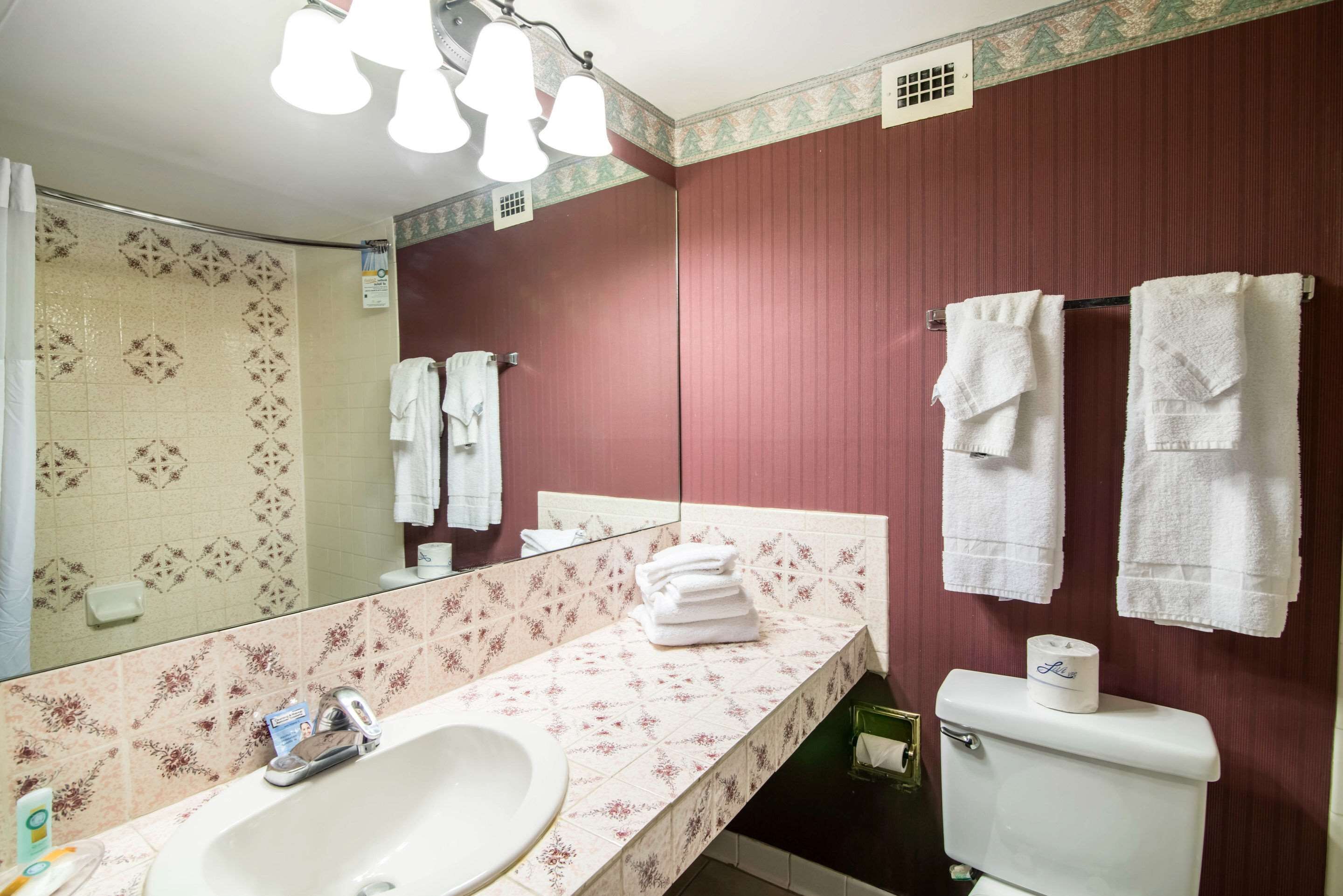A bathroom with a sink, mirror, and toilet. There are towels hanging on the wall and a stack of towels on the counter.