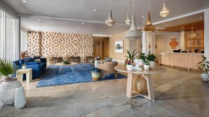 A spacious lobby with a blue patterned rug, a blue sofa, and a reception desk.