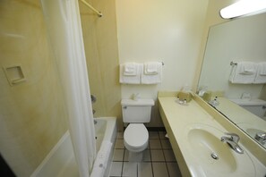 Bathroom features a bathtub, toilet, sink, and shower curtain, with a mirror above the sink and towels nearby.
