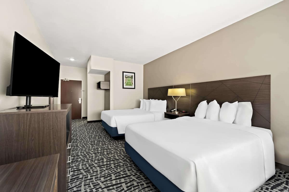 A hotel room with two beds, a TV, a desk, and a patterned carpet.