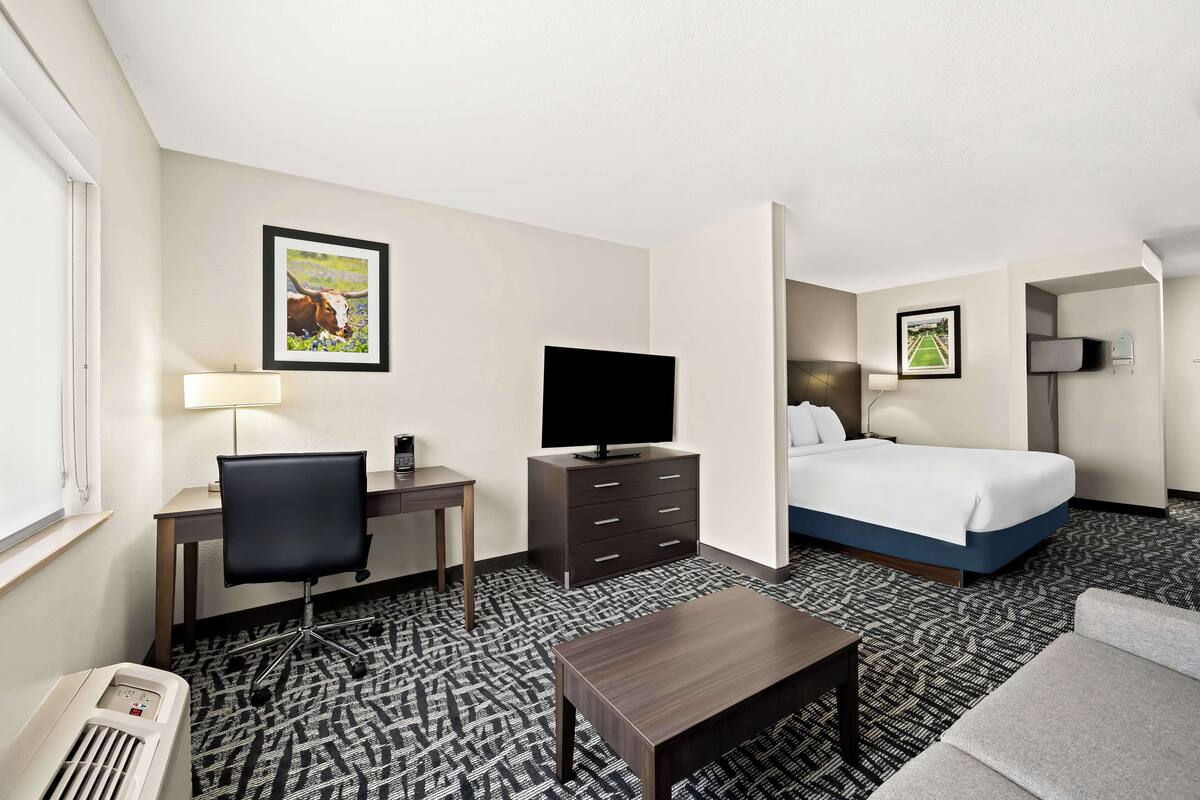 A hotel room with a desk, chair, TV, bed, and a heater.