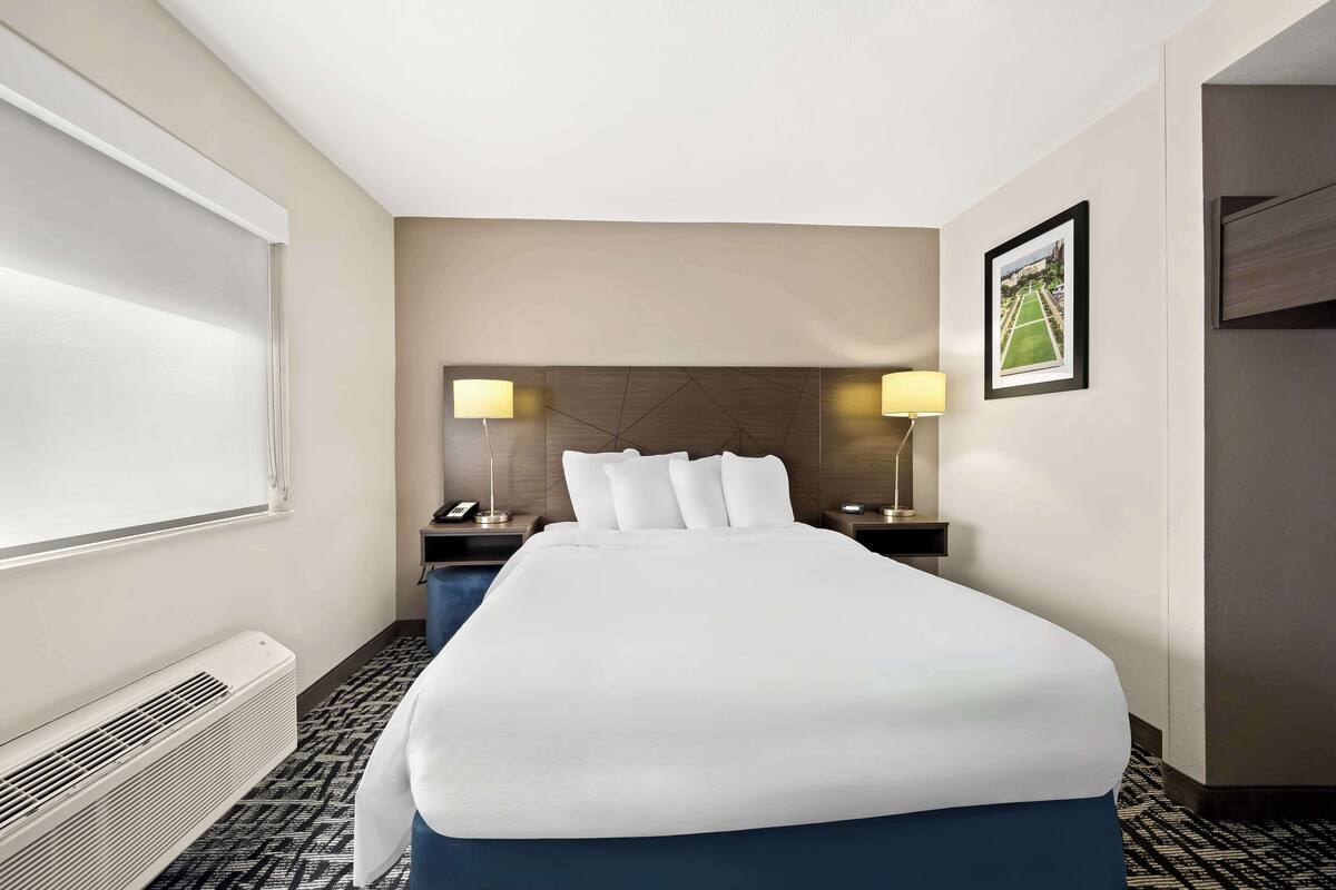 A hotel room with a large bed, a nightstand, a lamp, a framed picture on the wall, and a window with blinds.