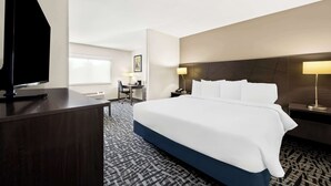 Una habitación de hotel con una cama grande, un escritorio, una silla, un televisor y una lámpara.