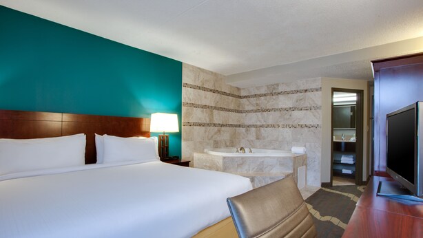 A hotel room with a large bed, a sitting area, a television, a bathroom with a sink and bathtub, and a view of the hallway. - Holiday Inn Express Washington DC East - Andrews AFB by IHG (Suitland)
