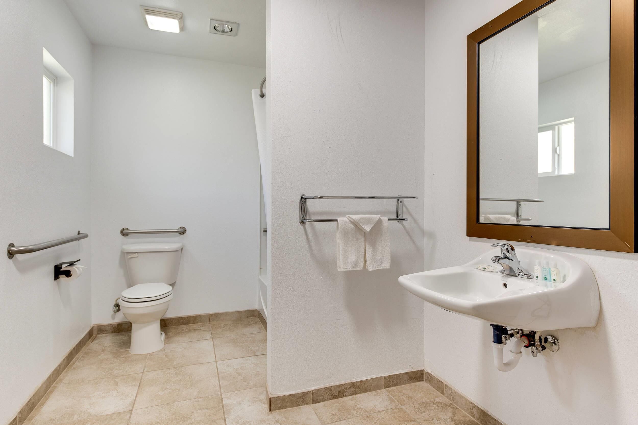 Een badkamer met toilet, wastafel, spiegel, handdoekhouder en handgrepen.
