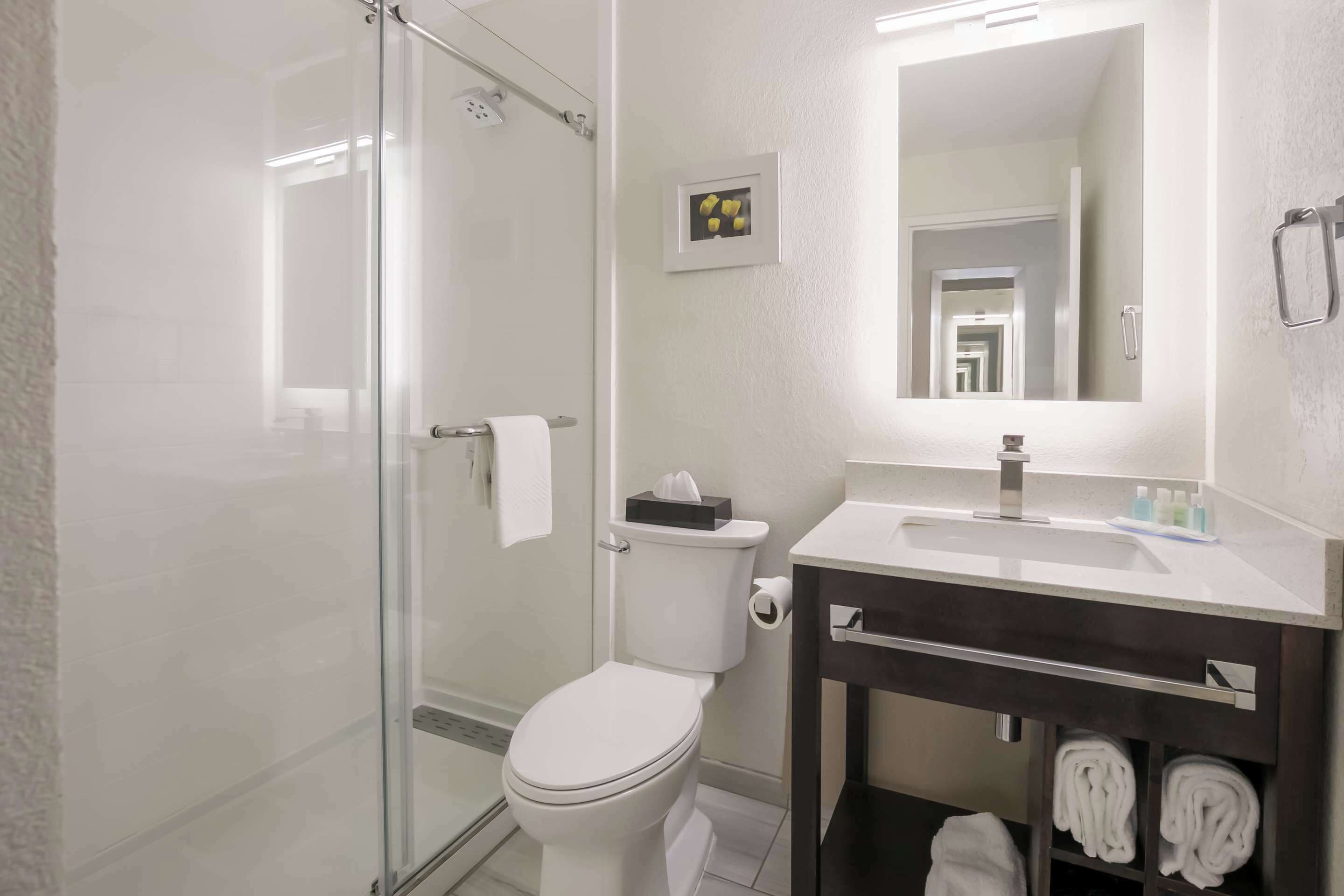 Een moderne badkamer met een douchecabine van glas, een wit toilet, een wastafel met spiegel en een handdoekhouder.