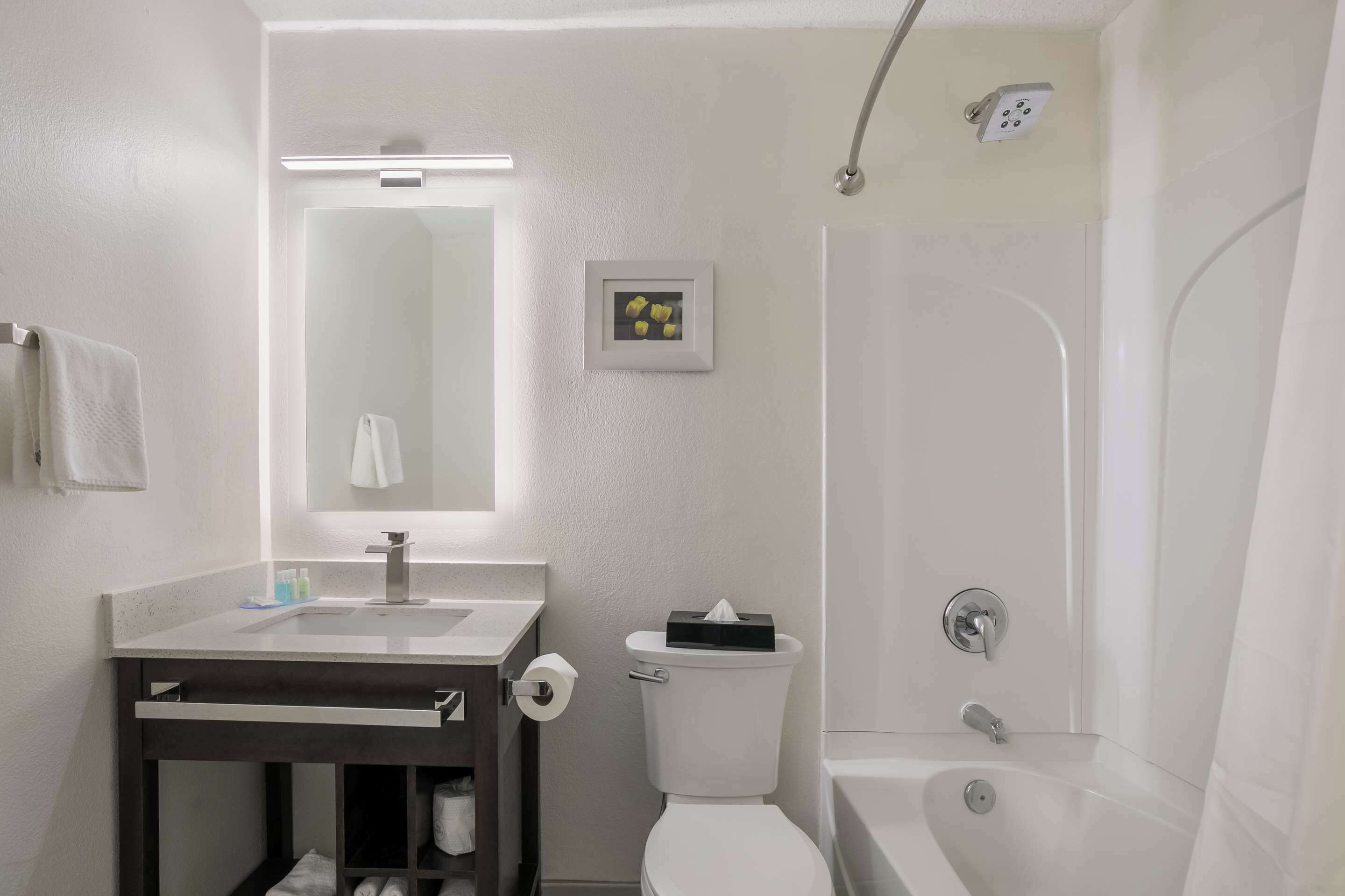 A bathroom with a sink, toilet, and bathtub.