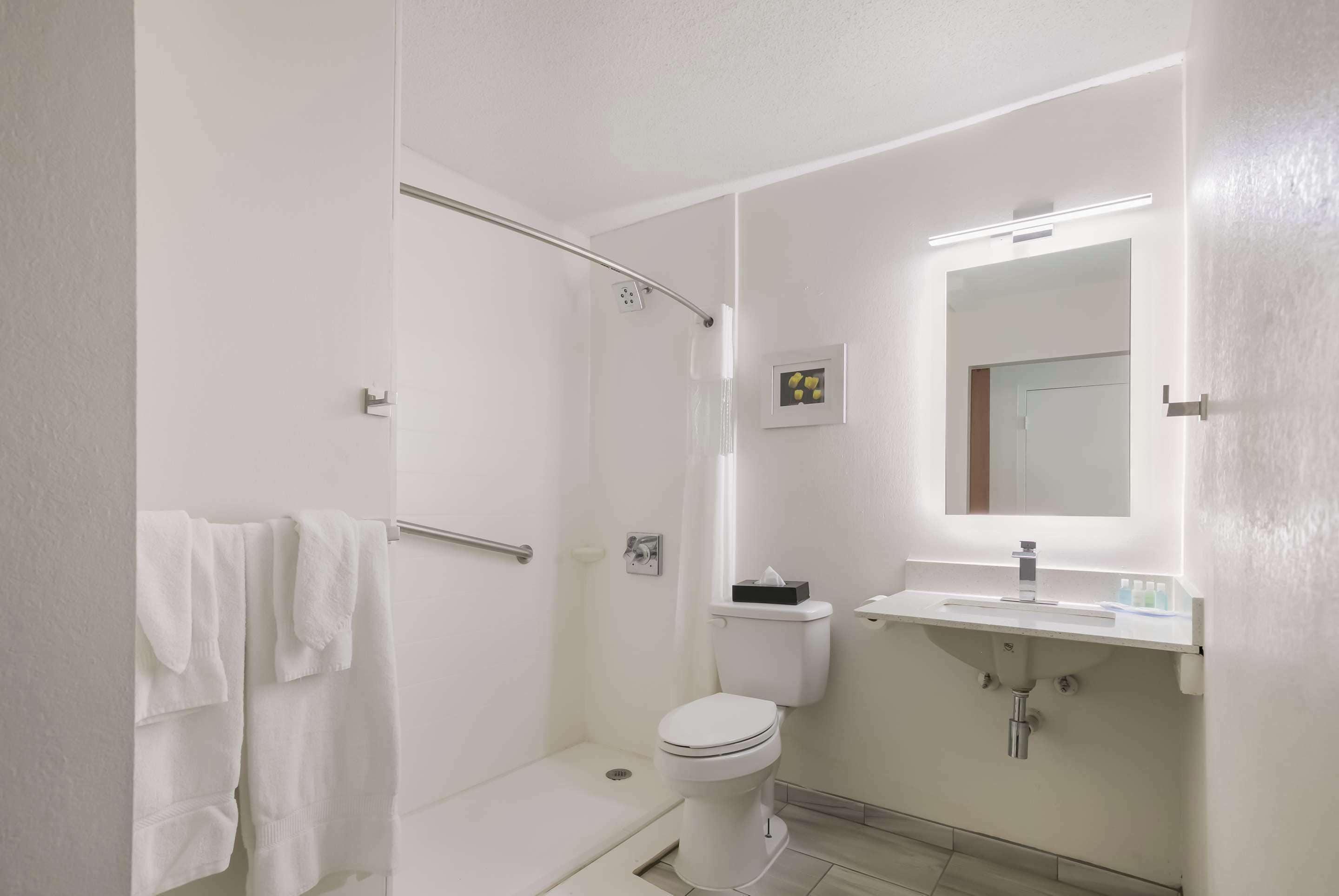 Ein modernes Badezimmer mit begehbarer Dusche, Toilette und Waschbecken.