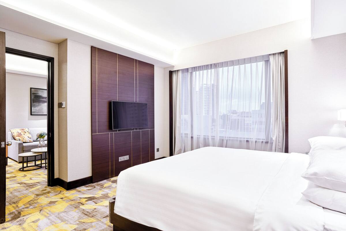 A hotel room with a large bed, a flat-screen TV mounted on the wall, a window with sheer curtains, and a city view.