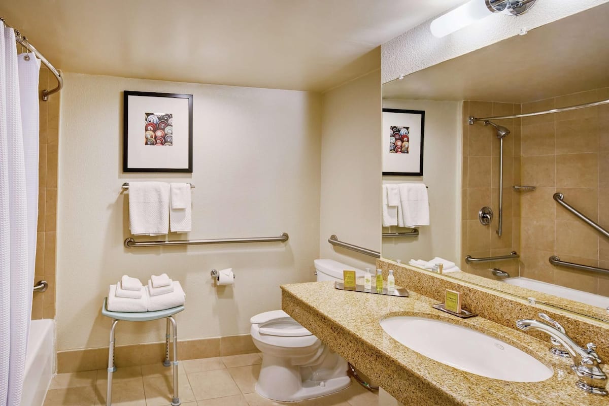 Eco-friendly toiletries, hair dryer, towels