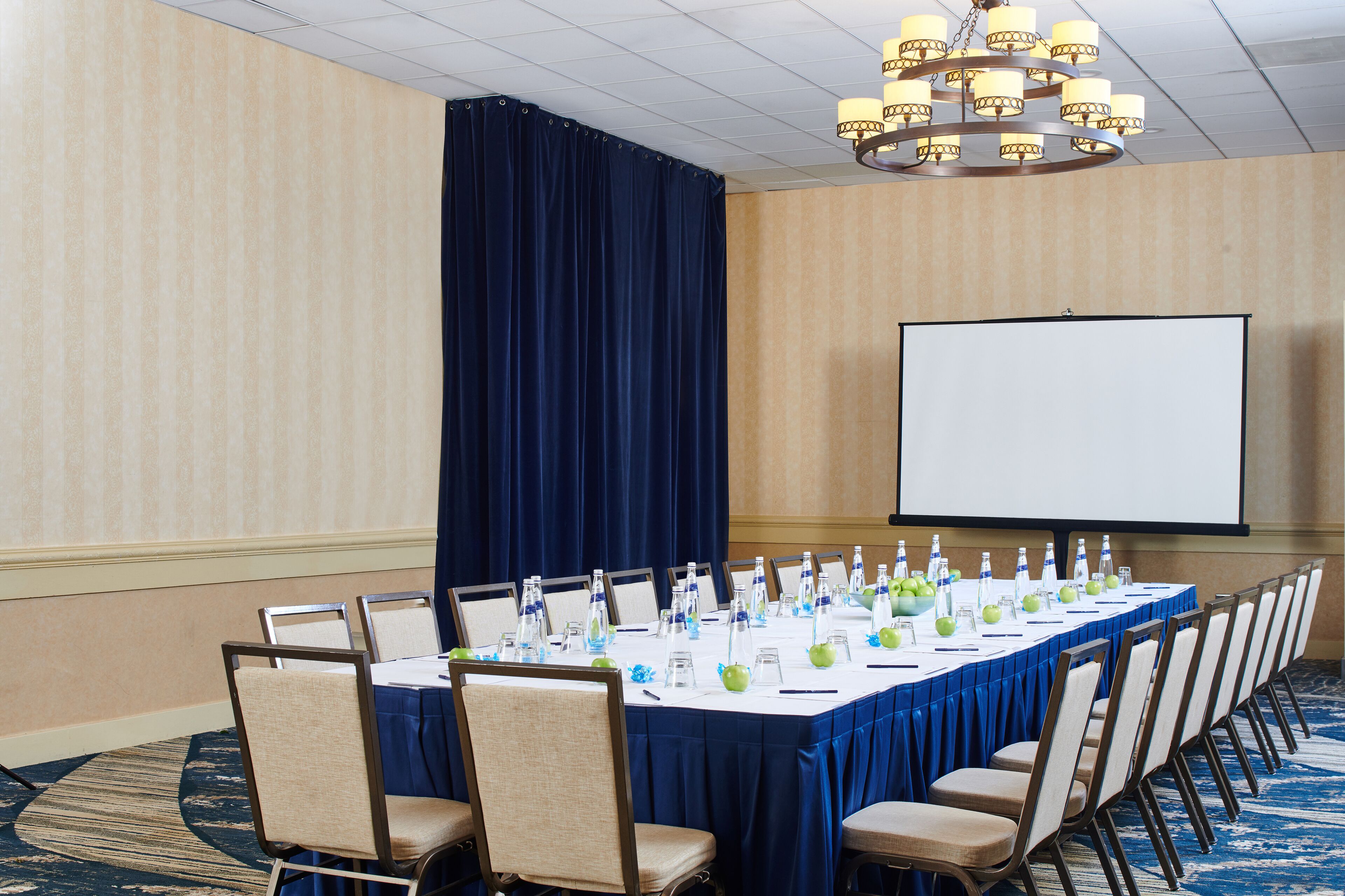 A conference room with a long table, chairs, a projector screen, and a chandelier.