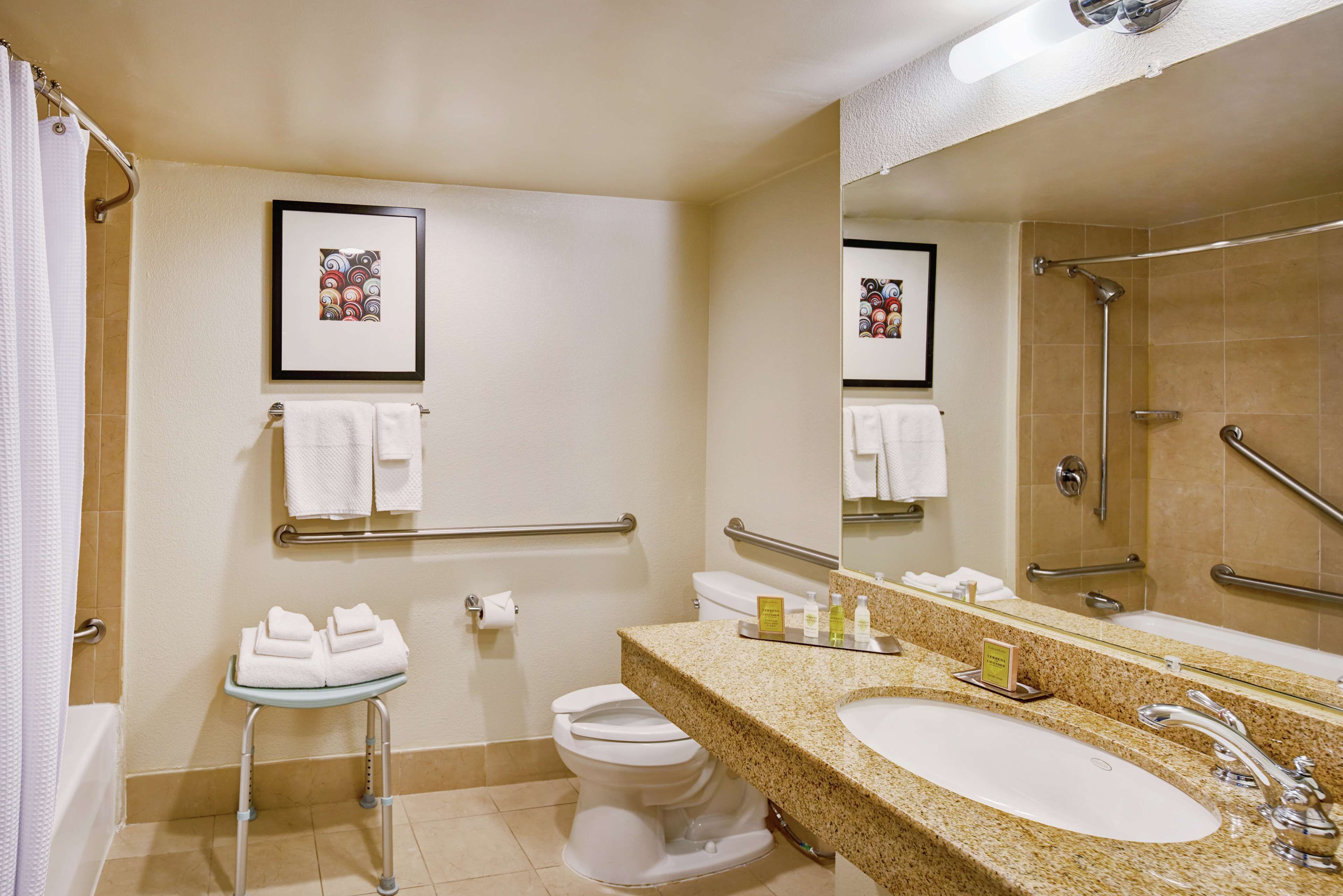 Une salle de bain équipée d’un lavabo, de toilettes et d’une douche. Elle est également dotée de barres d’appui et d’un banc accessible aux personnes en fauteuil roulant.