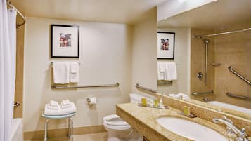 Une salle de bain équipée d’un lavabo, de toilettes et d’une douche. Elle est également dotée de barres d’appui et d’un banc accessible aux personnes en fauteuil roulant.