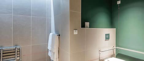 Et moderne badeværelse med bruser, toilet og håndklædestang.