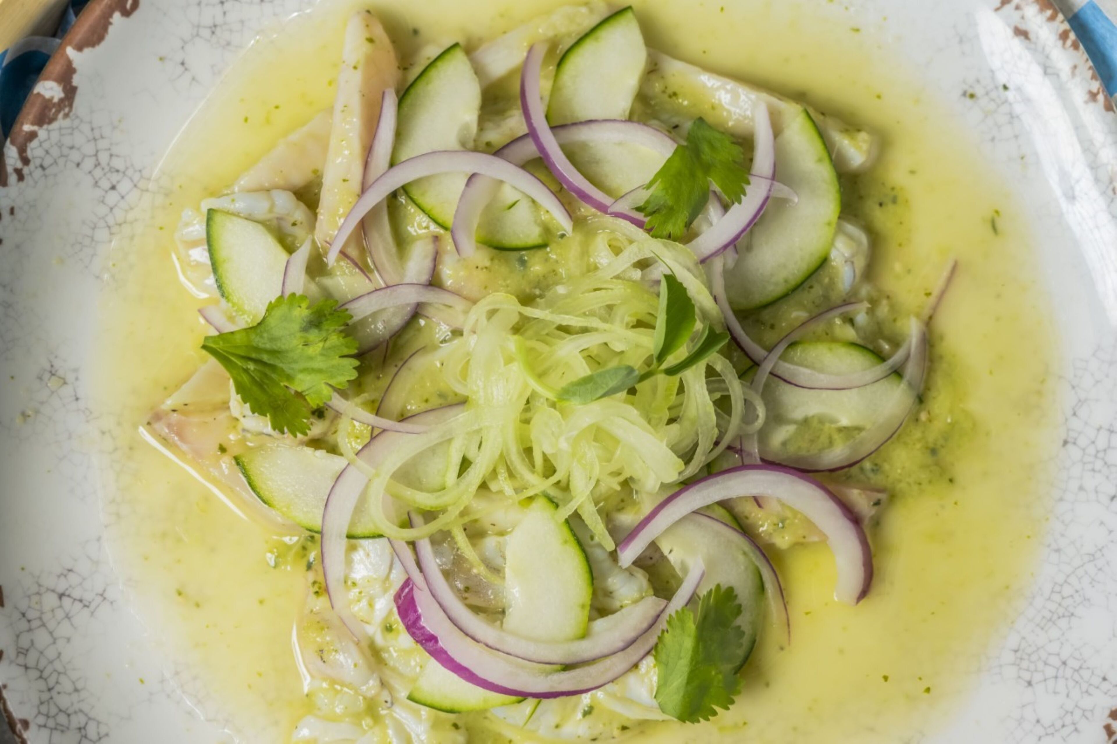 A bowl of ceviche with sliced onions, cucumbers, and cilantro.
