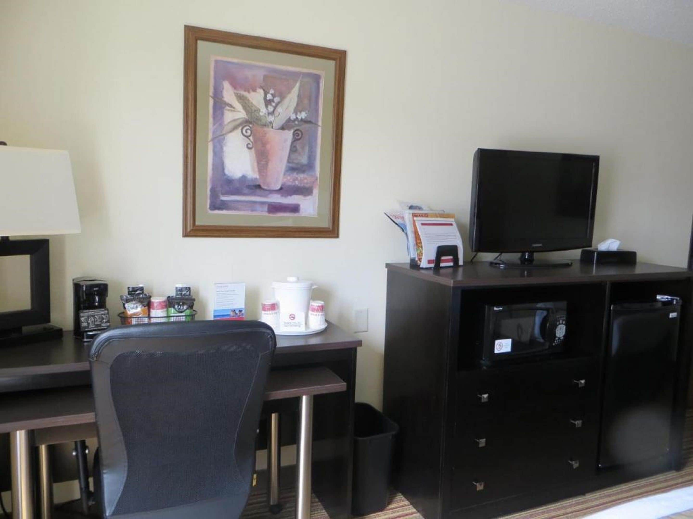 Habitación de hotel con escritorio, silla, televisor, cafetera, microondas y basurero.