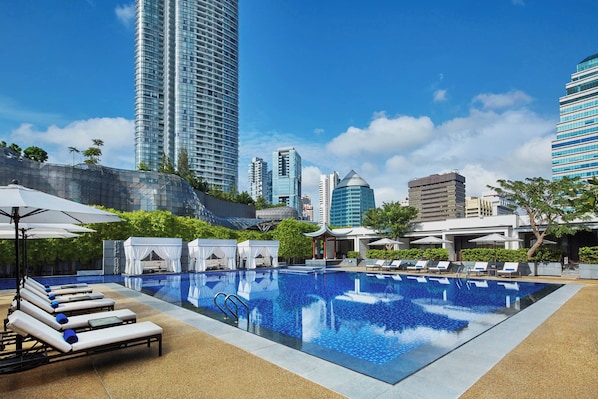 Outdoor pool, open 8:00 AM to 8:00 PM, pool umbrellas, pool loungers
