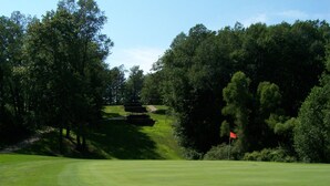 A well-maintained golf course with a clear path, lush greenery, and a red flag marking the hole. - Country Inn Deerwood (Deerwood)