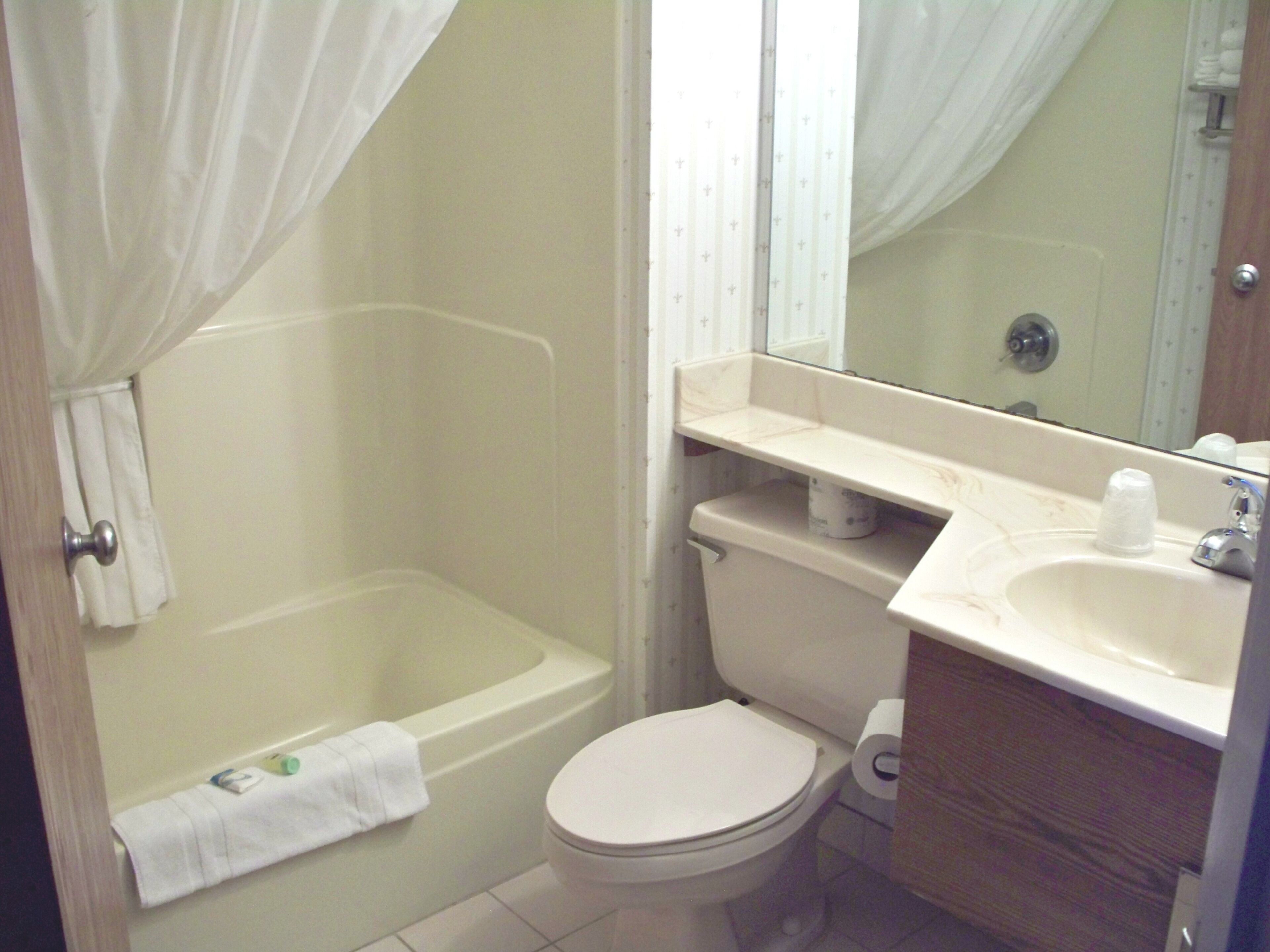 A bathroom with a bathtub, toilet, sink, and a mirror.