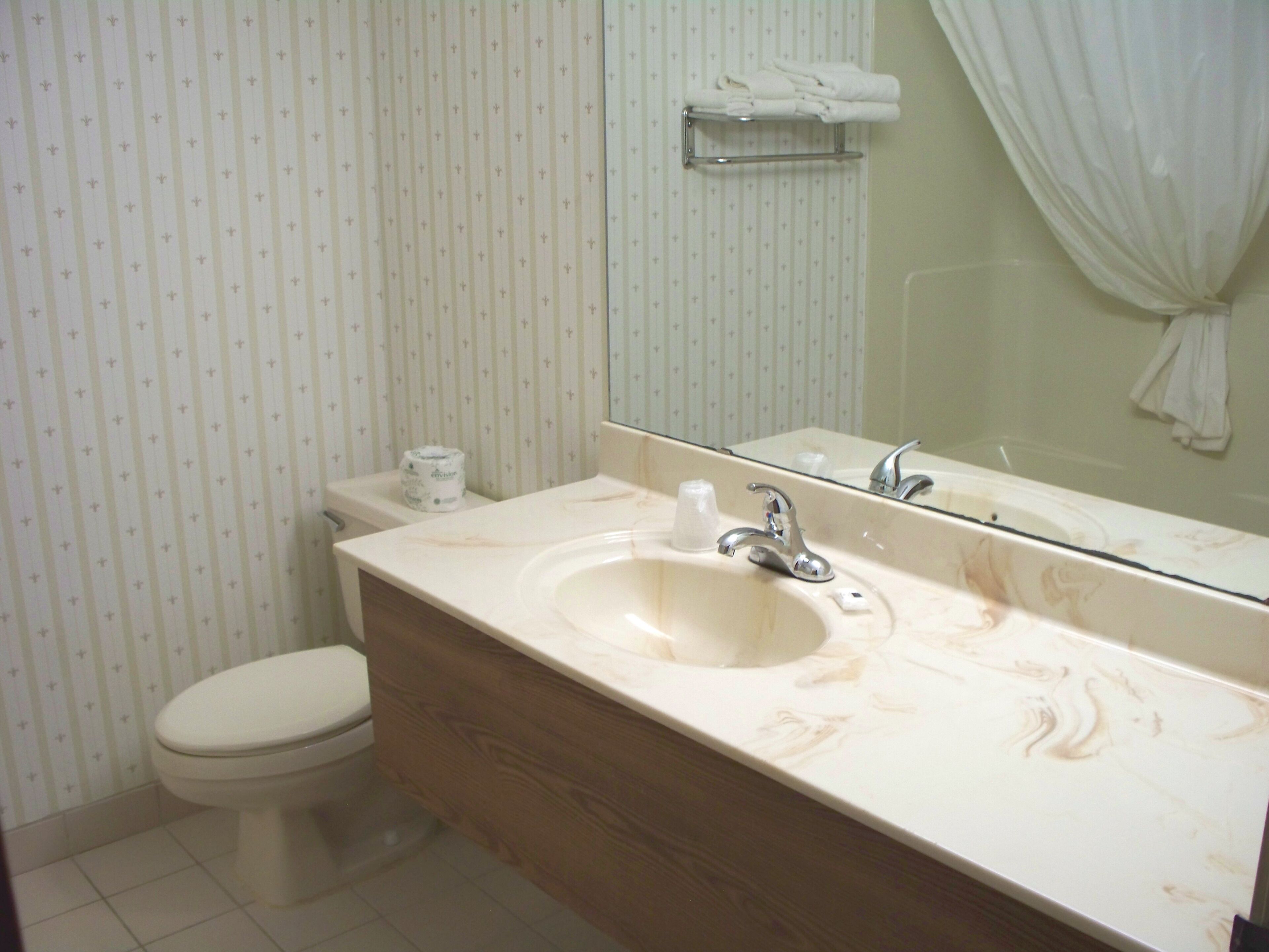 A bathroom with a toilet, a sink with a marble countertop, and a mirror.