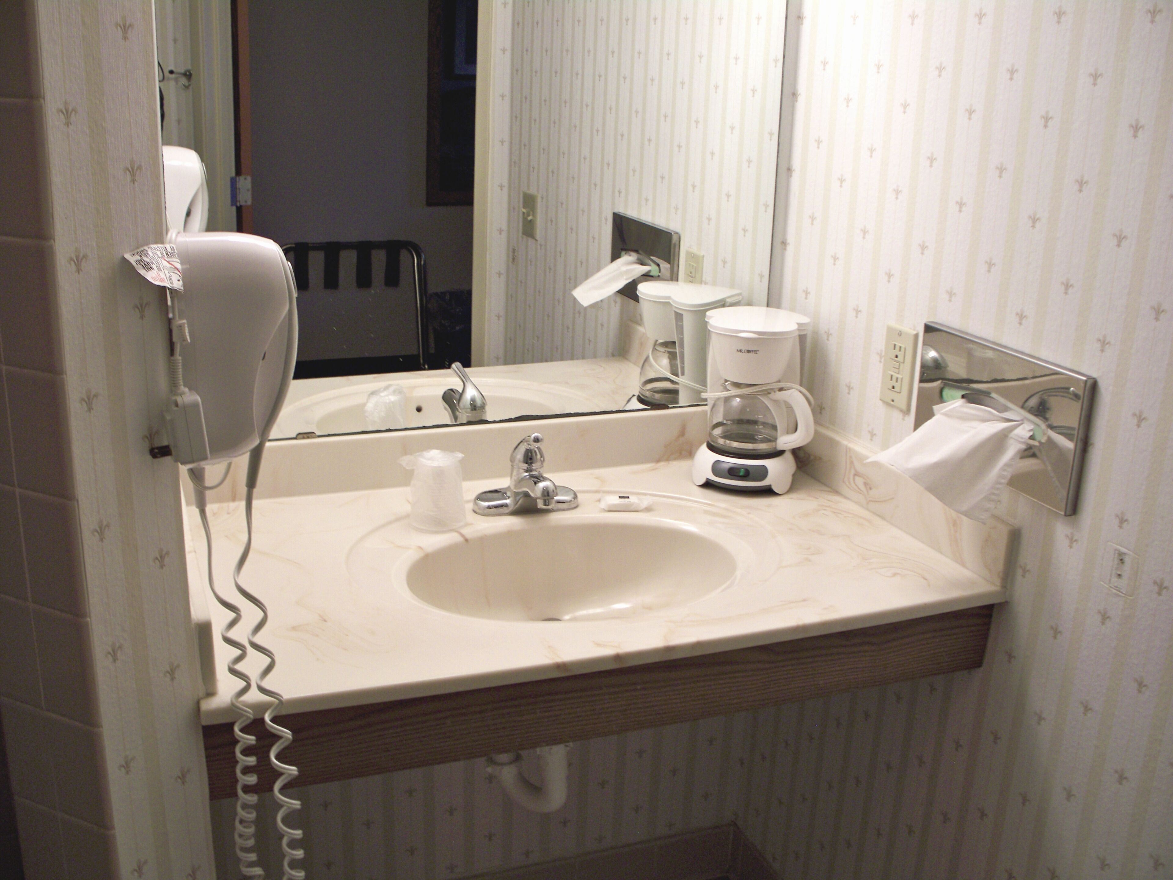 A bathroom with a sink, a hair dryer, and a coffee maker.