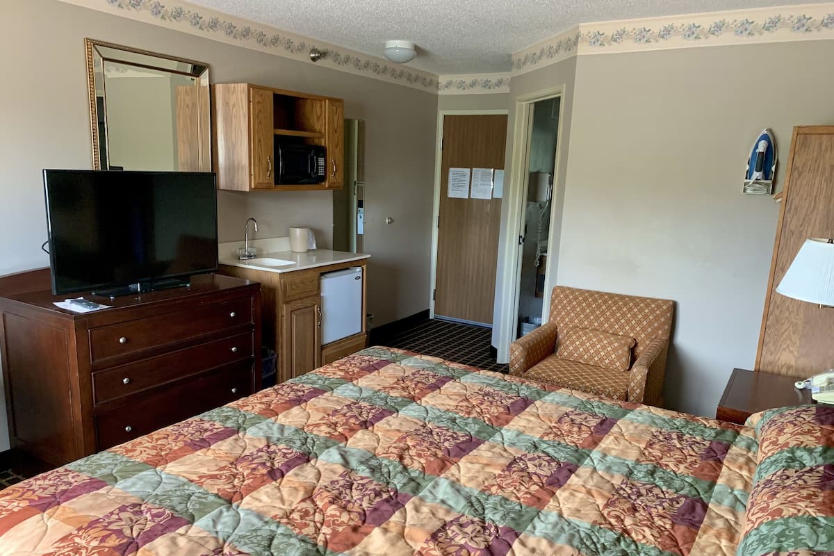 A hotel room with a bed, a TV, a microwave, a sink, a chair, and a wardrobe.