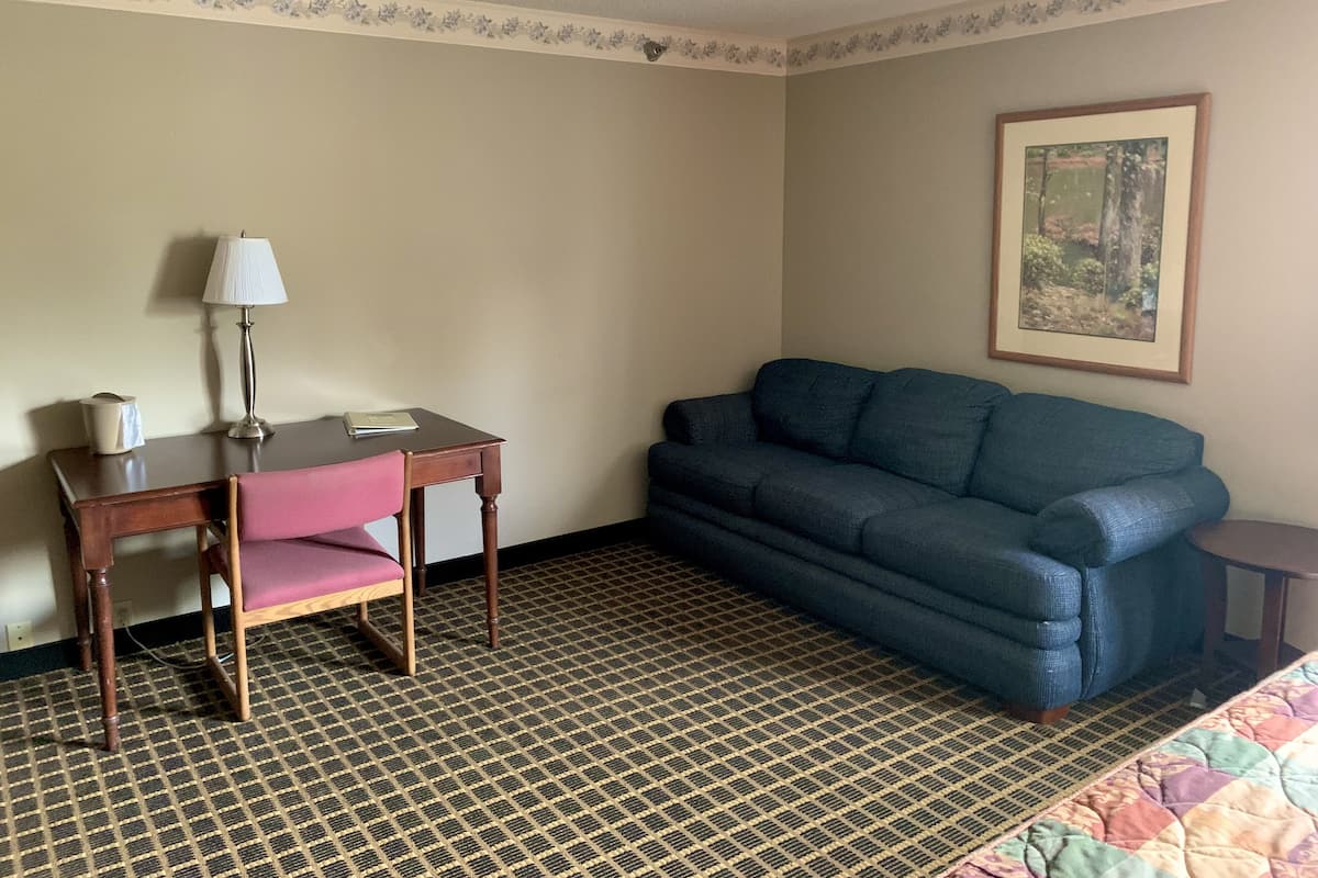 A hotel room with a wooden desk, a pink chair, a blue sofa, a patterned carpet, and a framed picture on the wall.