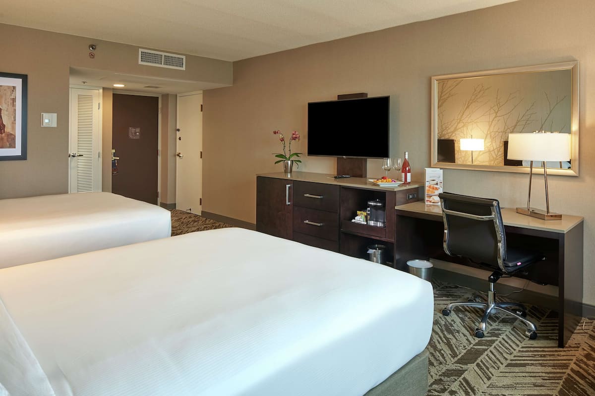 A hotel room with two beds, a desk with a chair, a television, a mirror, and a lamp.