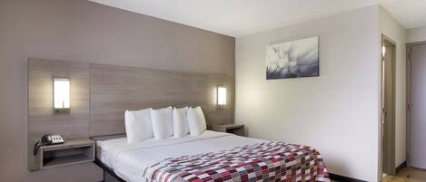 A hotel room with a bed, bedside tables, a phone, a painting on the wall, and a door.
