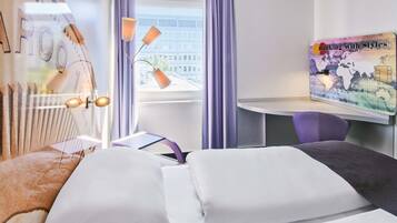 Desk, laptop workspace, blackout drapes, soundproofing