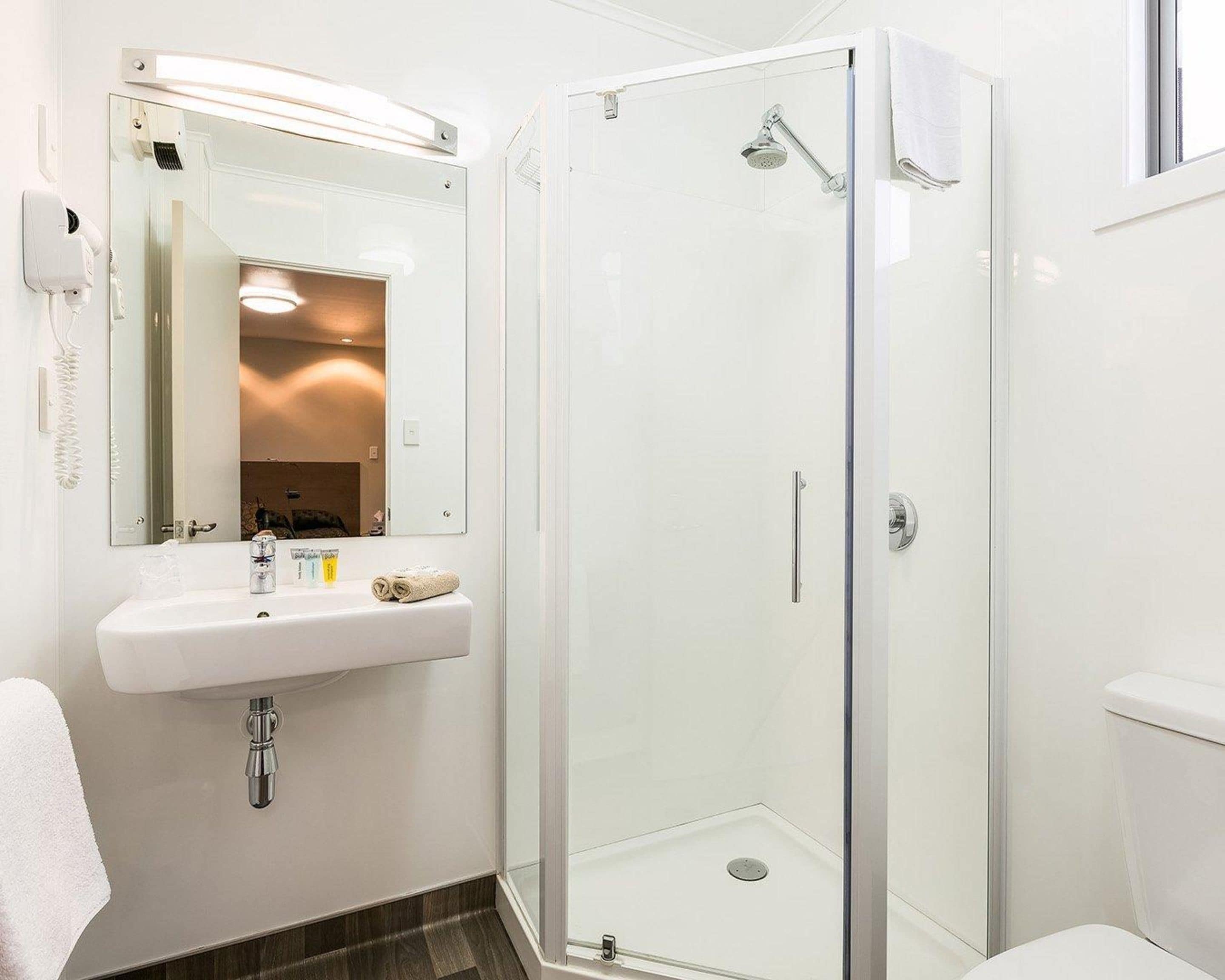 shower, free toiletries, hair dryer, towels