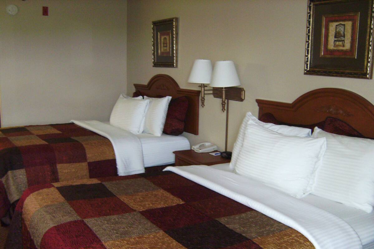 A hotel room with two beds, a check-in desk, a lamp, and framed pictures on the wall.