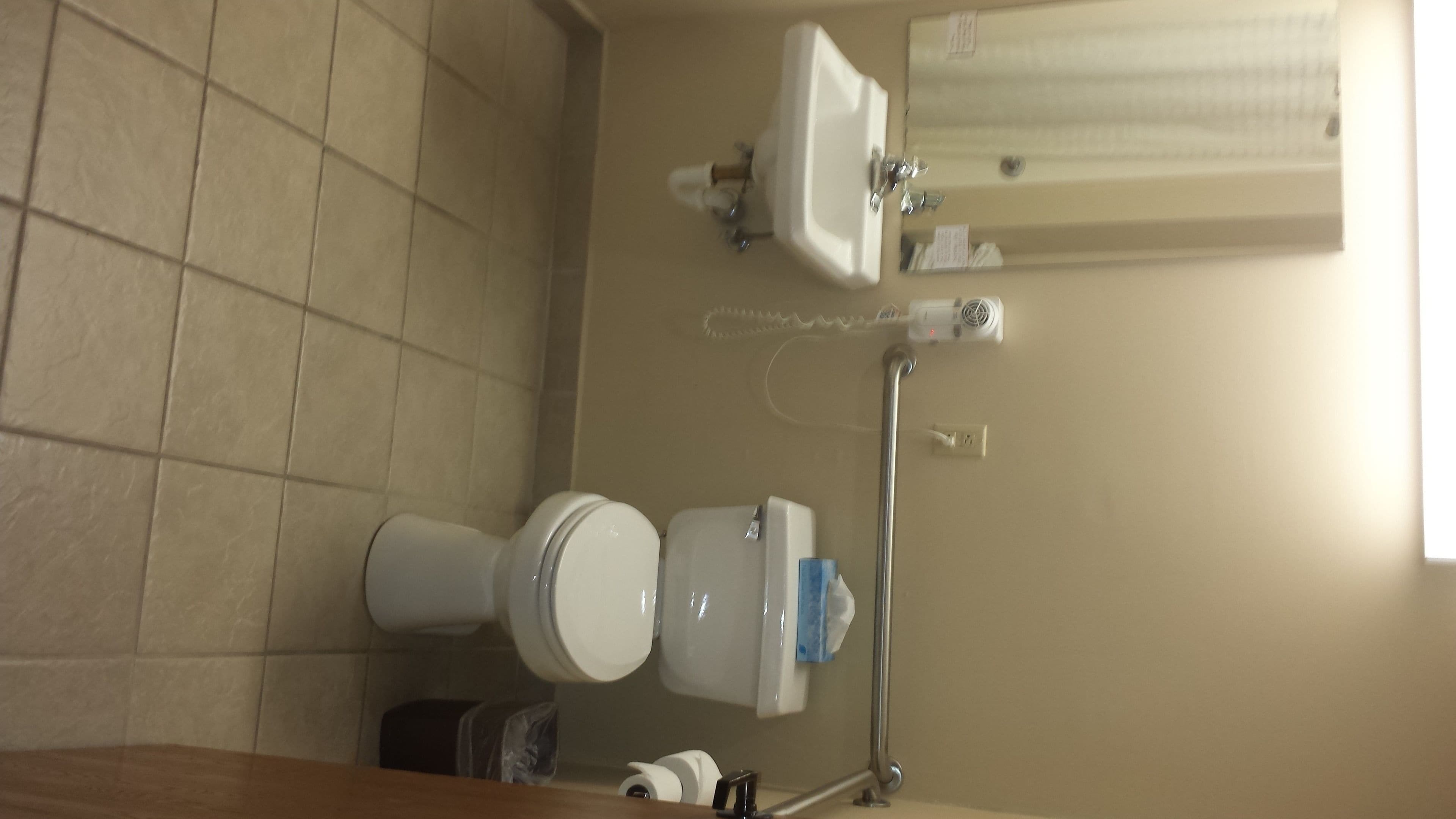 A bathroom with a toilet, sink, and shower.
