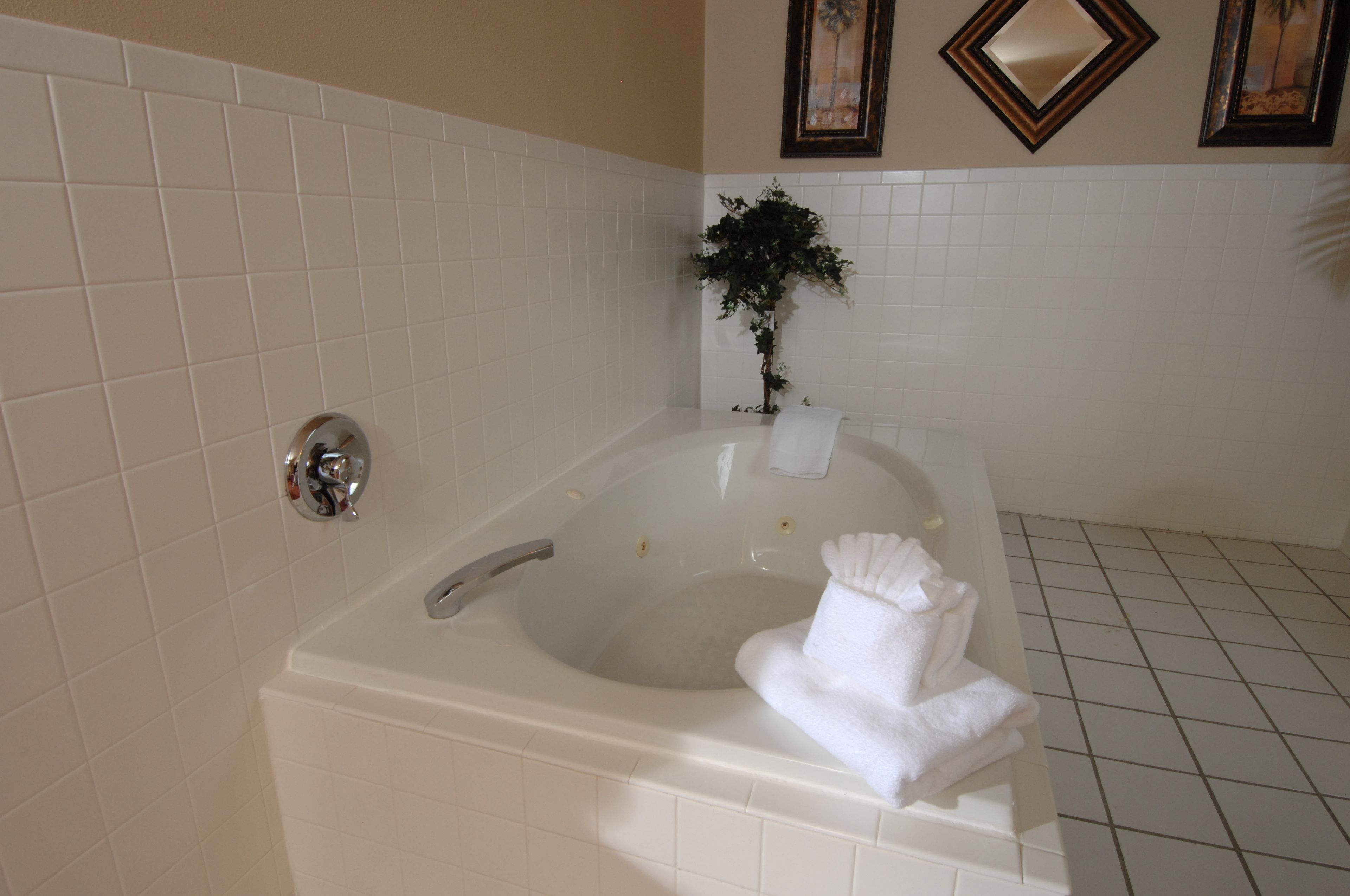 Un baño con una bañera blanca, un perchero para toallas y una planta en maceta.