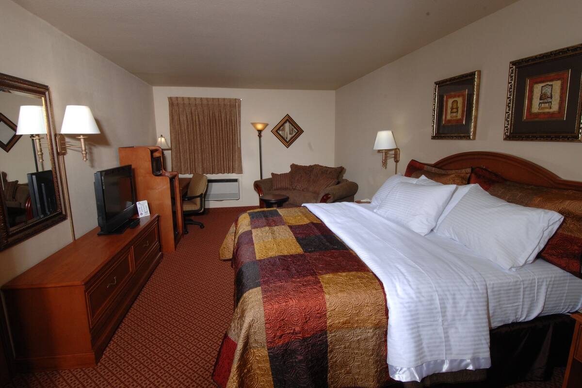 A hotel room with a large bed, a desk, a chair, a television, and two framed pictures on the wall.