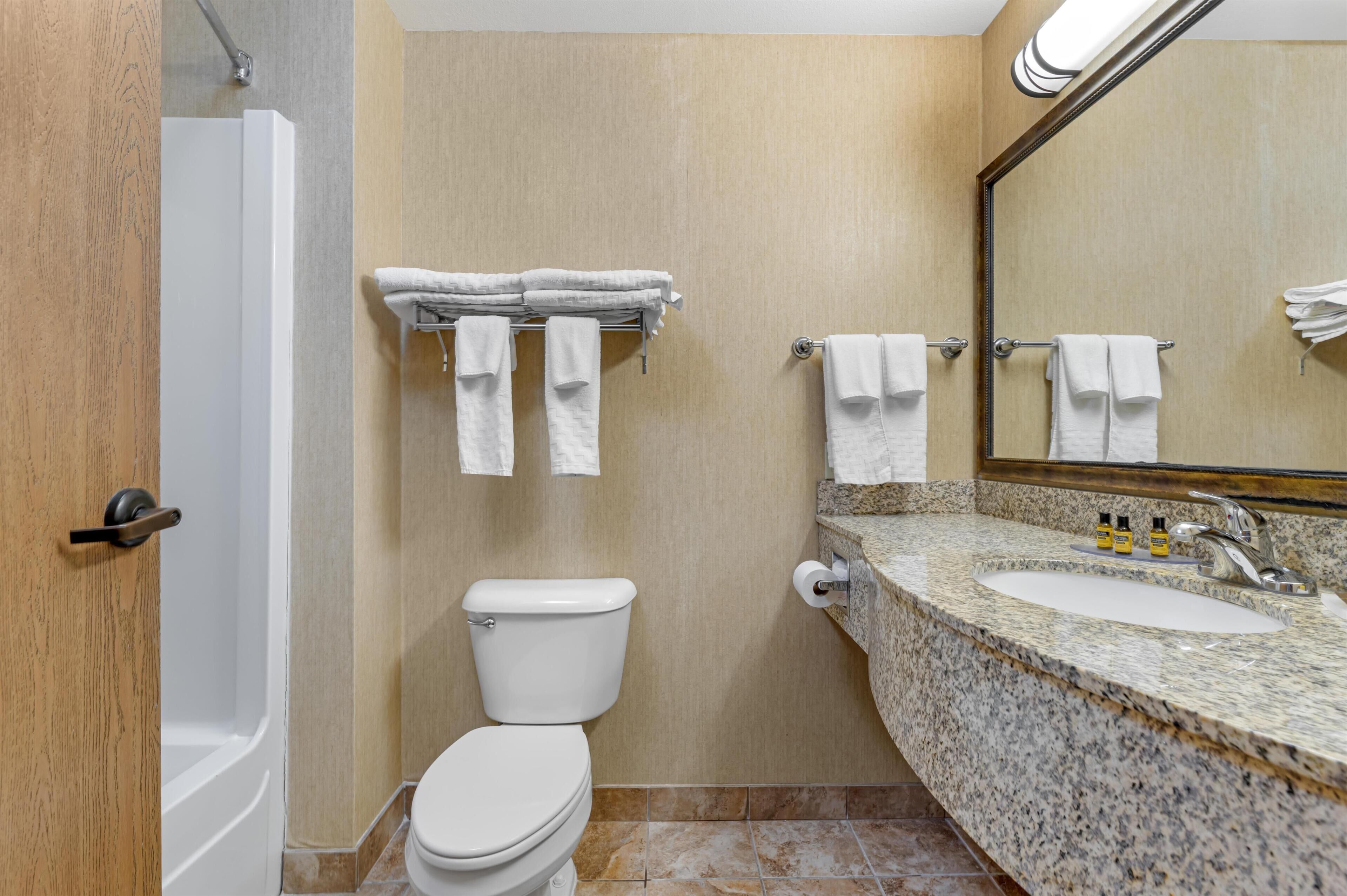 Ein Badezimmer mit Toilette, Waschbecken, Spiegel und Handtüchern an einem Halter.