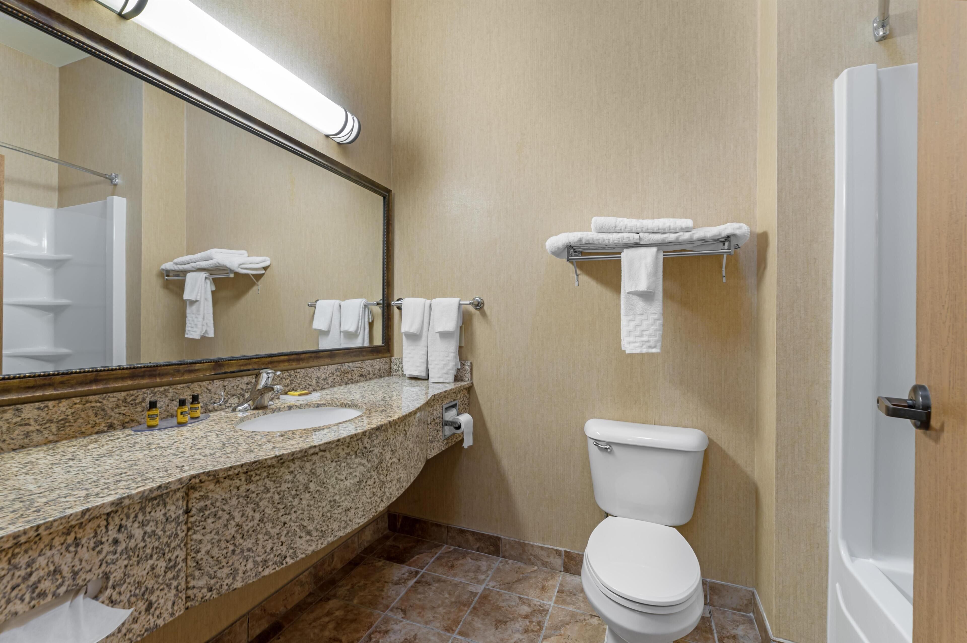Un baño con encimera de granito, lavamanos, inodoro, espejo y ducha.