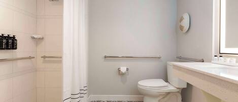 A bathroom with a shower, toilet, and vanity.