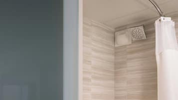 A modern bathroom with a bathtub, shower, and a toilet.