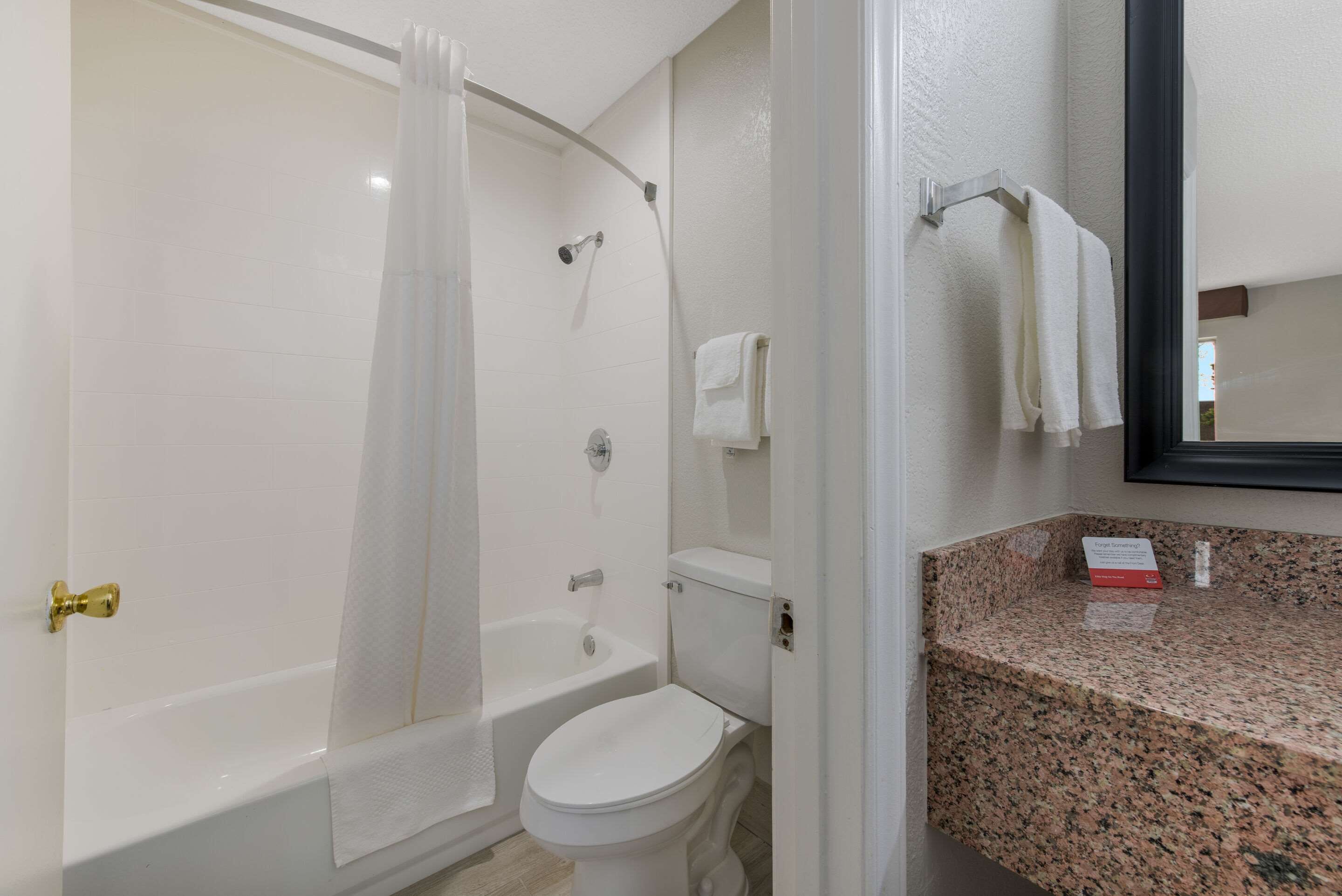 A bathroom with a shower, toilet, and granite countertop.