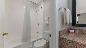 A bathroom with a shower, toilet, and granite countertop.
